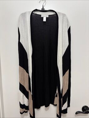 Sz M Christopher & Banks Black, Cream & Tan Open-Front Colorblock Cardigan